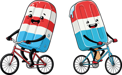 Two cartoon popsicles riding bicycles, isolated on white background