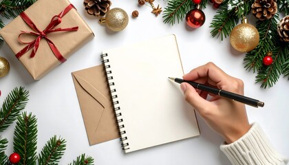 A hand holding a pen writes on a blank notepad surrounded by Christmas decorations, a gift, and an envelope on a white surface.
