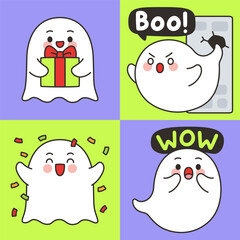 Cute Ghost Emotes Set with Gift Box, Boo Scare, Celebration Confetti, and Wow Expression