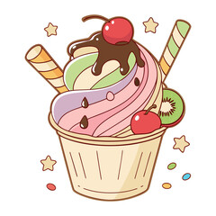 Rainbow Ice Cream Cup with Cherry and Chocolate Topping