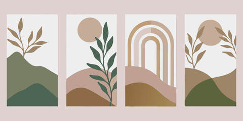 Set of four abstract minimalist boho wall art prints with organic shapes and botanical elements © Bijoy