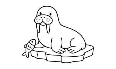 Obraz premium Cute cartoon walrus with fish on iceberg in simple line art illustration