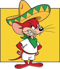 Cartoon mouse wearing a sombrero and green bandana isolated on white background