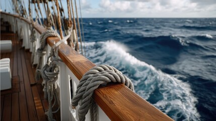 Obraz premium Close-up of a rope knot on a wooden railing, with vibrant blue ocean waves and clear sky creating a tranquil maritime atmosphere