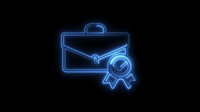 Neon business briefcase and approved icon glowing against a dark background animation