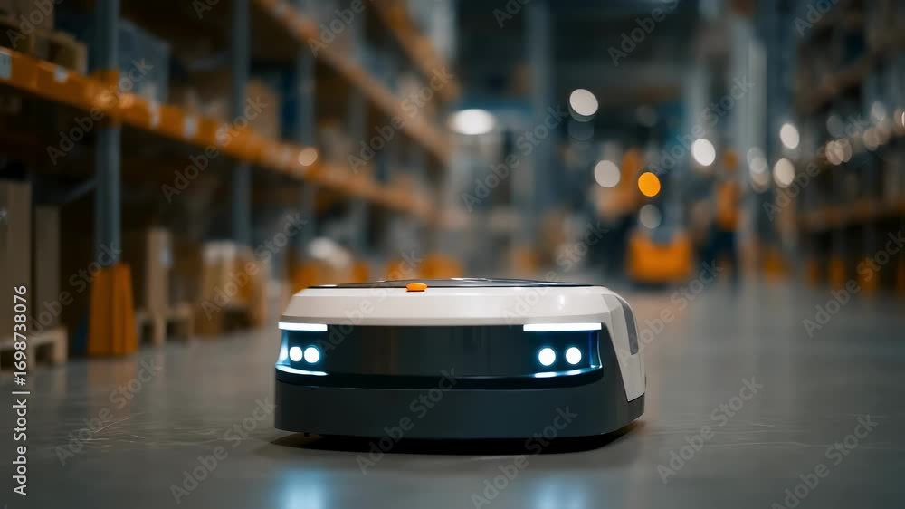 Poster medium shot showing a mobile robot navigating aisles in a warehouse its sensors active while shelves