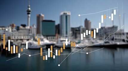 High vantage point reveals a sprawling city skyline with digital overlays, showcasing urban architecture under a clear sky