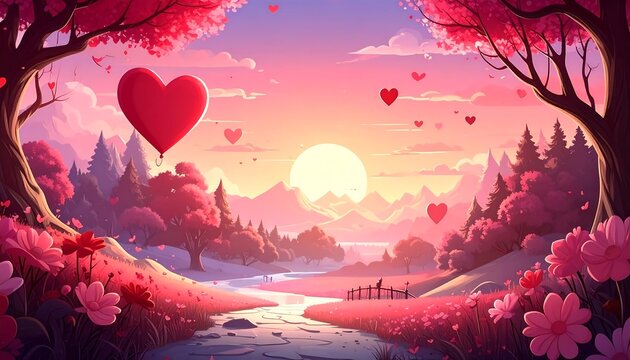 Romantic spring landscape with heart balloons
