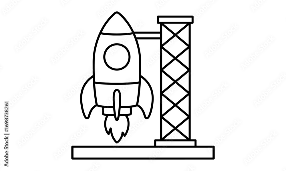 Poster rocket launch pad outline design featuring simple linear art style