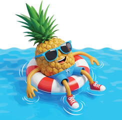Cartoon pineapple wearing sunglasses and shorts floating on a swim ring isolated on white background