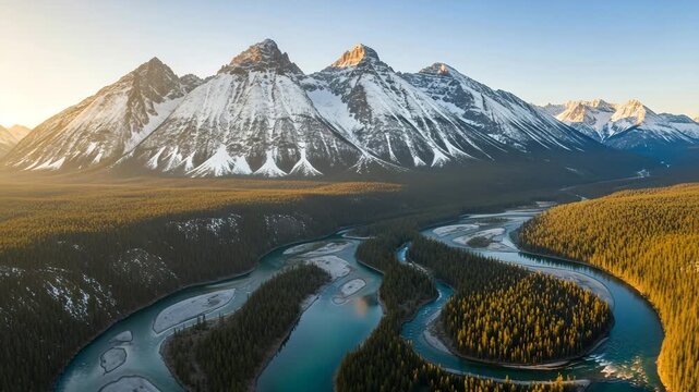 Snowy mountains and river flowing through forest landscape 4k video, ai generated