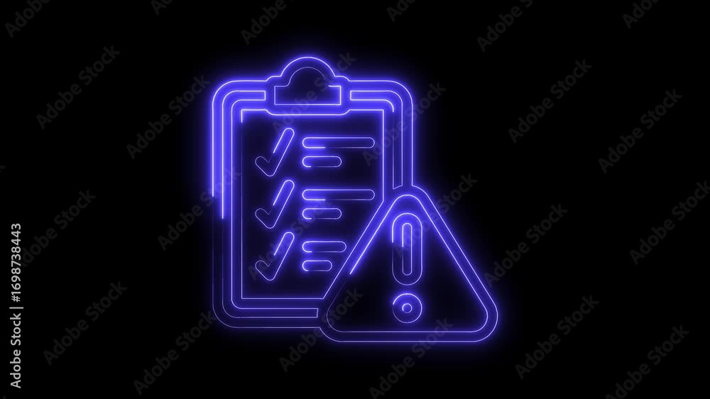 Aufkleber neon checklist with warning sign glows on black background shows problems and issues