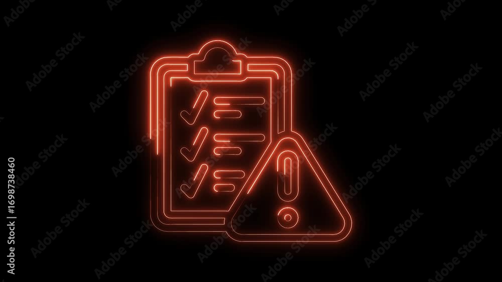 Aufkleber glowing neon clipboard with checklist and exclamation mark on black background indicating errors