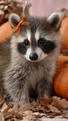 Obraz premium A charming raccoon rests comfortably amidst vibrant pumpkins and fallen leaves, capturing the essence of autumn festivities