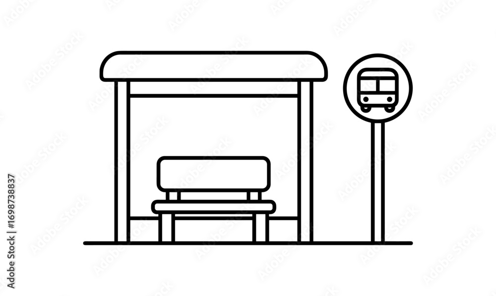 Poster minimalist bus stop icon with bench and sign in linear style