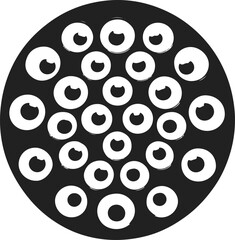 Multiple scary eyes staring from darkness, arranged in perfect circle, thick black outline, minimal horror line art