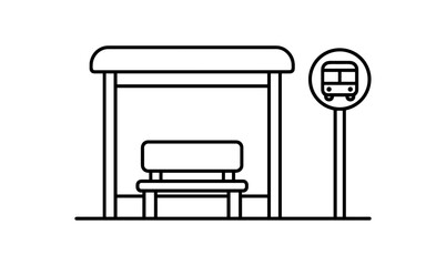 Minimalist bus stop icon with bench and sign in linear style