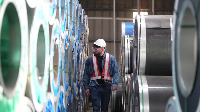 Industrial Survey: A male worker in a hard hat and safety vest walks through a warehouse filled with large rolls of metal, surveying the stored materials for quality control and inventory management.
