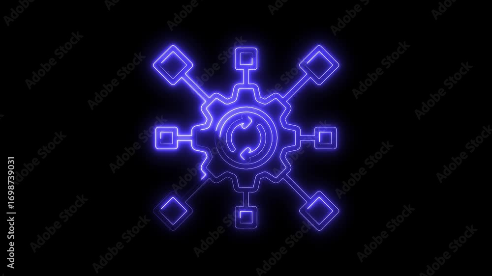 Poster neon gear with arrows rotating inside and connected modules on a black background