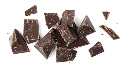 Dark chocolate chunks scattered on white background