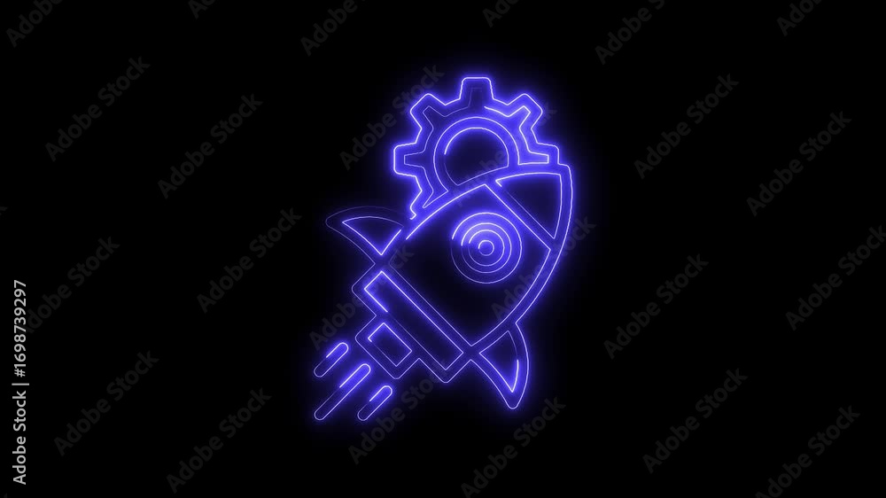 Poster animated neon rocket launch with gear icon on dark background shows development progress