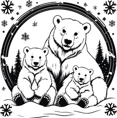 Polar bear mother and cubs sitting in snow, arranged inside circular frame, snowflakes around, bold thick black outlines, clean vector line art