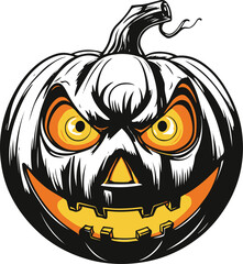 Scary jack-o-lantern pumpkin with glowing eyes and mouth, circular composition, bold thick black outlines, clear vector line art 1