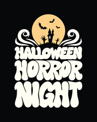 Vintage Halloween Horror Night T-Shirt Design Featuring Spooky Castle Bats and Retro Lettering for a Halloween Celebration