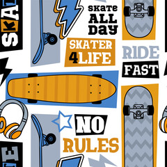 Grunge illustration with skateboard and words on white background  for boys. Fashion urban style. Free Style slogan print. Cool typography art design vector © artlavi_design