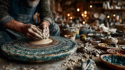 Skilled potter's hands shaping clay on a wheel in a rustic, warmly lit workshop.
