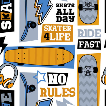 Grunge illustration with skateboard and words on white background  for boys. Fashion urban style. Free Style slogan print. Cool typography art design vector