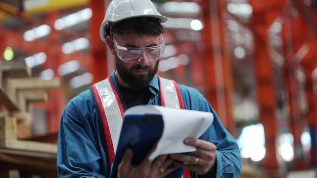 Industrial Inspector at Work: A focused industrial inspector wearing a hard hat and safety glasses examines documents within a large factory setting.