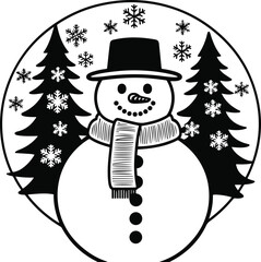 Snowman with scarf and hat in center, pine trees and snowflakes arranged in circular composition, thick bold lines, clear minimal artwork, hoodie front desig
