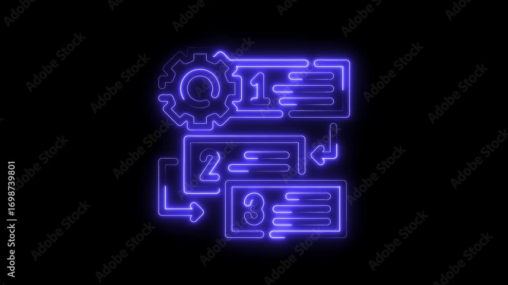 Poster neon workflow steps animation illustrating process flow with gear icon against black background