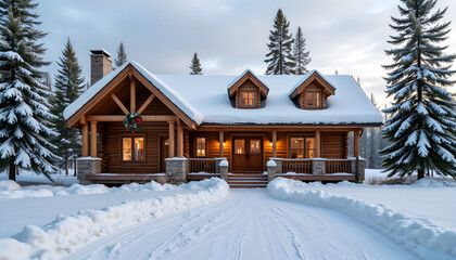 Rustic arctic lodge covered in snow, Christmas spirit