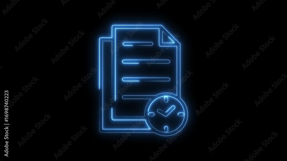 Poster neon document file and clock icon animation for project deadlines and urgent tasks on black backgrou