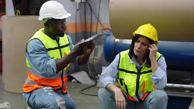Workplace Frustration: A male and female worker, both wearing hard hats and safety vests, appear to be in a tense discussion in an industrial setting.