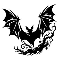 Black and white vector silhouette of bat on white background 