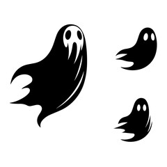 Black and white vector silhouette of ghosts on white background 