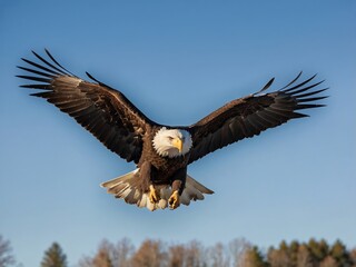 Obraz premium Majestic Bald Eagle Soaring Through Blue Sky