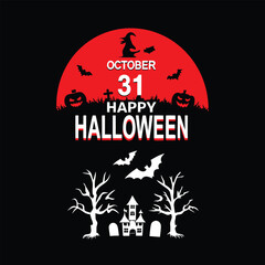 Spooky Halloween Night T-Shirt Design with Haunted House, Bats, and a Full Moon Silhouette Background for Festive Apparel