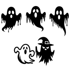 Black and white vector silhouette of ghosts on white background 