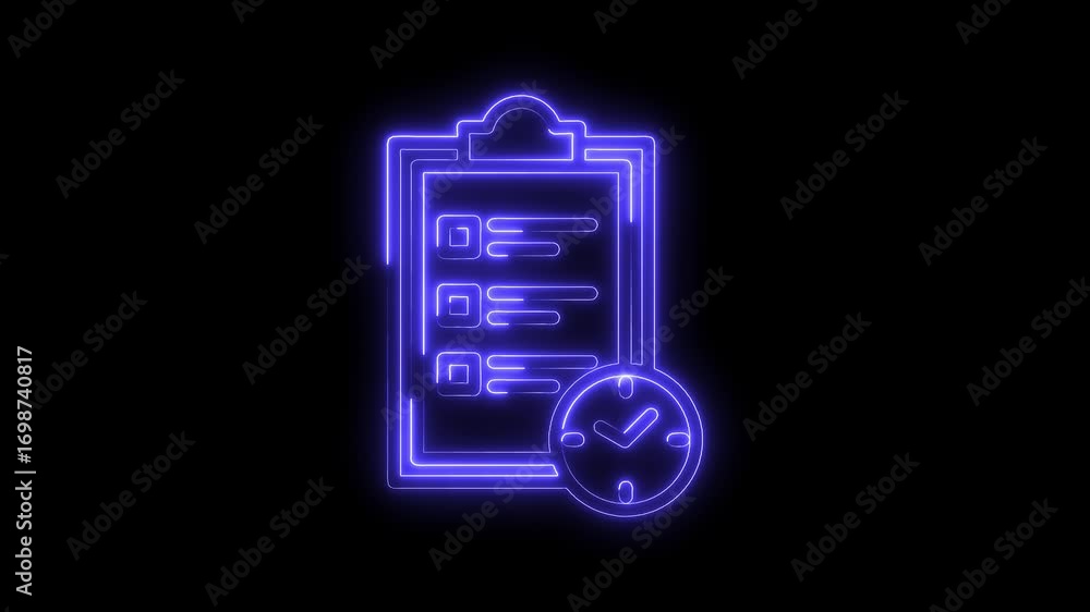 Poster glowing neon checklist with clock animation on black background time management and productivity