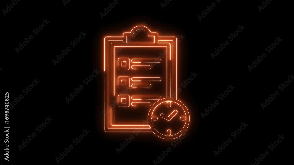 Poster neon outline animation of clipboard task list with clock against black background