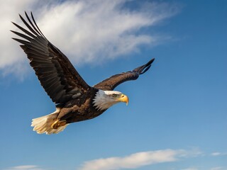 Fototapeta premium Majestic Bald Eagle Soaring Through Blue Sky