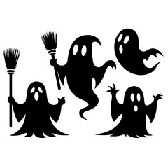 Black and white vector silhouette of ghosts on white background 