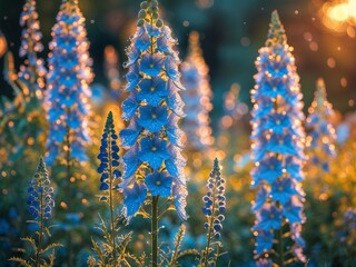 Dew-Kissed Delphiniums: A Serene Garden Scene