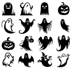 Black and white vector silhouette of ghosts on white background 