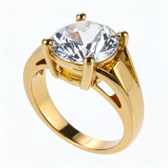 Exquisite solitaire ring featuring a radiant cut gemstone in a golden setting on white background