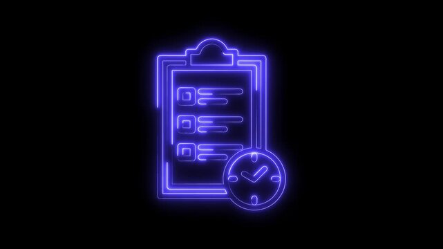 Glowing neon checklist with clock animation on black background time management and productivity